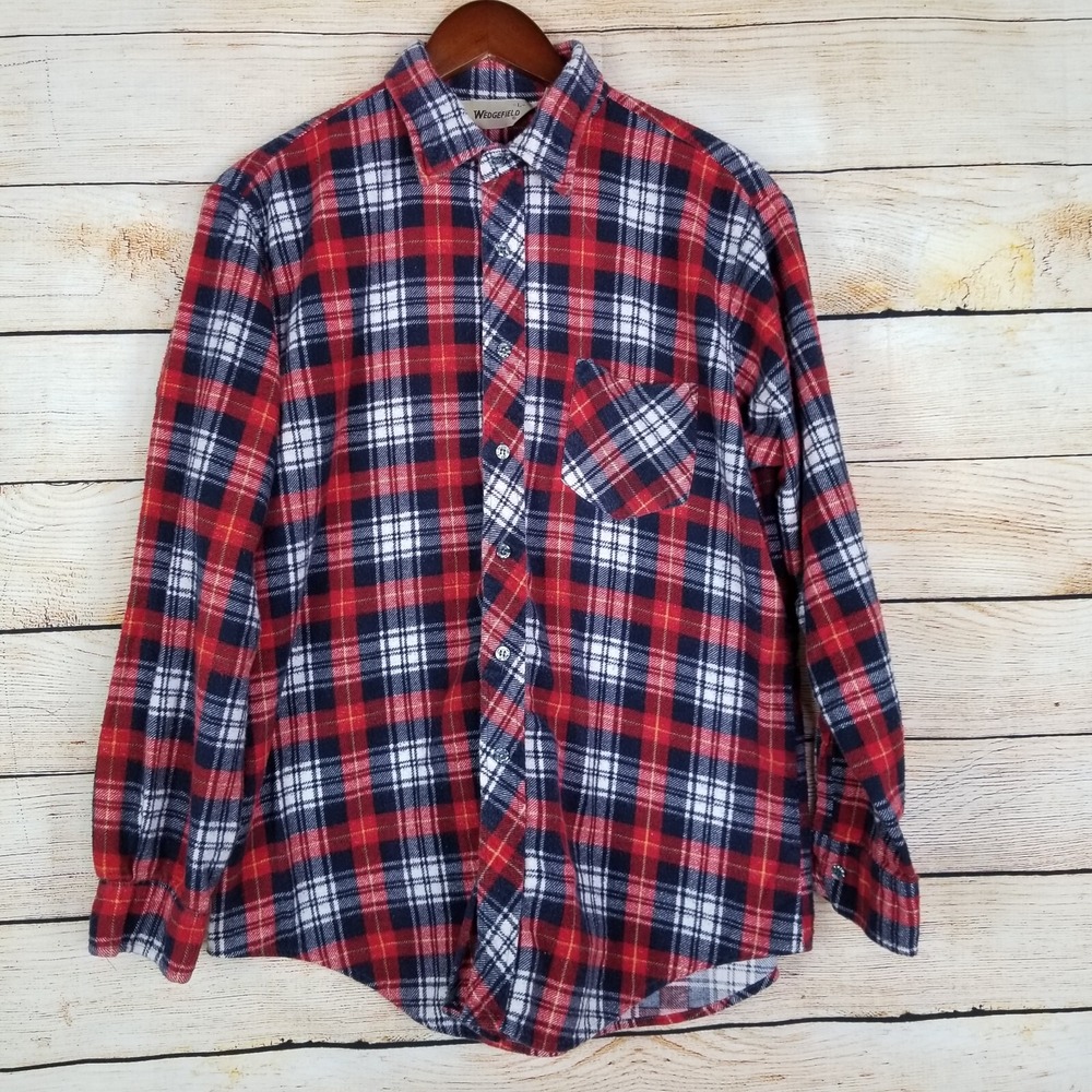 Vtg Wedgefield Flannel Youth ? L‎ Button Up Shirt Plaid Long Sleeve Red & Blue
